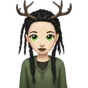 Girl with pale skin, green eyes, black dread-locks, eyeliner, deer antlers, grunge sticker