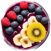 Açaí in a clear cup with layers of fruits and granola and condensed milk sticker