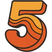 number 5 in a retro 70s style, with wavy lines and orange-yellow gradient sticker