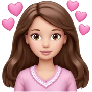 Barbie girl makeup , brown long straight wavy hair and brown eyes is In pale pink clothes There are pink hearts all around sticker