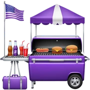 Purple tailgate setup with grill, flag, and soda sticker