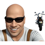 bald man smiling on motorcycle sticker