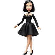  Wednesday Addams Barbie dancing.  Longer hair, short black flowing strapless evening gown with  plunging neckline that’s off-the-shoulders that also shows her legs and black shiny velvet high heel shoes. sticker