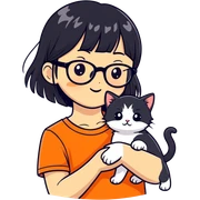 cute asian with middle height black hair and fringe and glasses holding a black-white and an orange kitten sticker