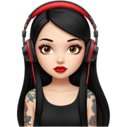 generate a pretty bratz girl with black long straight hair and headphones on, tattoo on shoulder, eyeliner on sticker