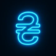 Hryvnia sign (₴) emoji, neon-blue style, electric-blue glow, smooth lines, techy aesthetic, dark background. sticker