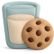 a soft and plush cushion style illustration of a glass of milk and a chocolate chip cookie, pastel colors sticker