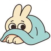 cream bunny lying under blanket, only eyes showing, pastel-toon style sticker