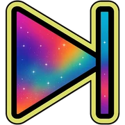 two right-pointing triangles or right-pointing triangle with vertical line next symbol, vibrant moving galaxy colors, yellow or green neon glow border sticker