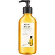 bottle of body oil with label sticker