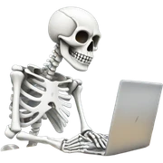 Skeleton working on laptop with desk sticker