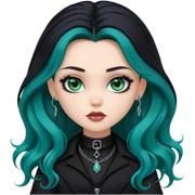 goth bratz baddie, beautiful blue-green eyes, long wavy hair, black gothic hair styled, black goth clothes sticker