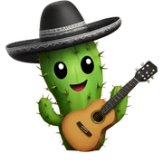 Cute cactus with arms holding a guitar wearing a sombrero with a black curly mustache sticker