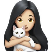 A girl with dark long hair hugging a white cat sticker