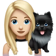 A blonde girl with blond strands around her face and blue eyes with a black pomeranian sticker