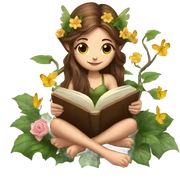 Female forest fairy, wings, pointed elf ears, long brown hair, reading, stack of books, vines, flowers sticker