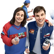 happy boys with car outdoors sticker