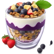 Açaí in a clear cup with layers of fruits and granola and condensed milk sticker
