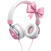 White aesthetic headphones with pink bow sticker