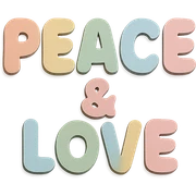 "Peace & Love" soft pastel rainbow rounded bold letters, kawaii cute font, no border, transparent PNG sticker