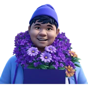 smiling boy with purple flower sticker