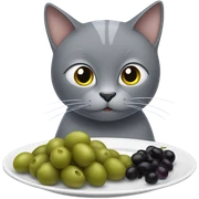 Grey cat eating olives from the plate sticker
