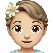 pale newborn girl with short brown hair, blue eyes with a big smile and a floral top sticker