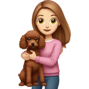 Pretty green eyed white girl with straight long brown hair in a pink sweater holding a brown toy poodle sticker