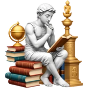 An icon featuring a thinker statue, a scroll, symbolizing philosophy. The design includes books and abstract symbols representing deep thought and wisdom. Transparent background highlights the study of ideas, logic, and existential questions sticker