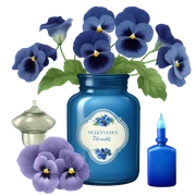 Decorative blue candle in a glass jar and in the back are navy blue pansies and a blue vintage-style perfume bottle  sticker