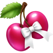 Pink shiny cherries with a white bow sticker