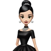Audrey Hepburn as Sabrina Barbie.Wednesday Addams. Show full body wearing Embroidered long black gown jewelry gloves pearl earrings  sticker