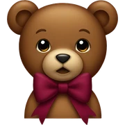 a burgundy teddy bear with a bow sticker