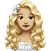 Long blonde wavy hair with a white bow sticker