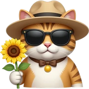 A cat in a hat and sunglasses with a sunflower in his hand  sticker
