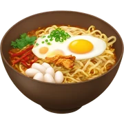 Hot noodles in a brown bowl with eggs chili and chicken  sticker