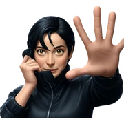 girl with black hair holding jacket sticker