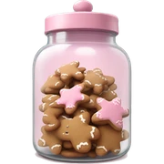 Realistic glass cookie jar with light pink lid full of gingerbread cookies isolated.  sticker