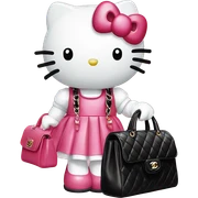 Hello Kitty wears in Chanel with a black bag Timeles sticker