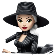 Darth Vader Barbie, 1910 Morticia Addams from academy, in dark-gray and black striped outfit with hat. Smiling Driving Mercedes convertible sports car. Pale-white porcelain skin.  sticker