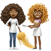 Spaghetti cooking battle teenage girl with curly hair, adult woman with slightly wavy hair  sticker