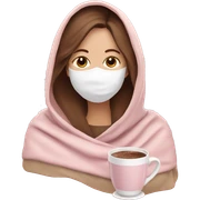 white woman with brown hair with face mask inside a baby pink to beige blanket sipping hot chocolate  sticker