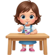 una niña de 15 meses blanquita pelo castaño clarito, ojos claritos como girs claritos con dos quisquis. Comiendo de un yogurt ella sola con cuchara, de pie apoyada en una mesa bajita color madera clara sticker