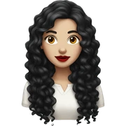 White girl, with long curly black hair, with red lipstick sticker