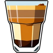 Cortado espresso drink in a small Gibraltar glass, milk and espresso coffee sticker