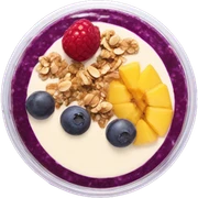 Açaí in a clear cup with layers of fruits and granola and condensed milk sticker