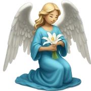Angel in blue robe kneeling holding white lily sticker