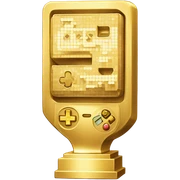 A gold pixel trophy with ‘GG’ engraved, sparkling with a gaming controller icon. sticker