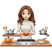 White thin woman with turtneck sweater while cooking in her own kitchen hazel eyes and brown long beach waves hair sticker