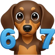 A brown dachshund holds a 6 in one paw and a 7 in the other paw, both of which are blue. sticker